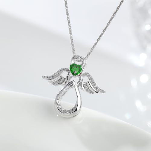 925 Sterling Silver Guardian Angel Pendant Necklace for Women with Birthstone Cubic Zirconia Little Angel Pendant Necklace Jewelry 18 inch Chain - color: 05-May-Emerald