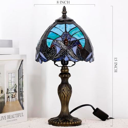 Small Tiffany Stained Glass Table Lamp,Green | Mini Desk Accent Light, Bedroom Bedside Reading, Antique Style Decor, 8X15 Inches - color: Green