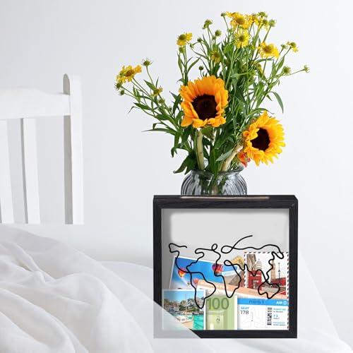 Travel Adventure Archive Shadow Box for Memories, 8 Inch Shadow Display Cases with Slot on Top, Concert Ticket Stub Memory Top Loading Keepsake Box, Travel Gift Frame