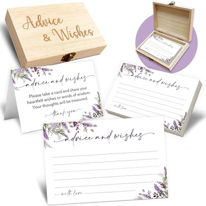 Advice and Wishes Cards Box – 50 Pcs Lavender Well Wishes & Wedding Advice Cards for Bride & Groom, Baby Shower, Birthday, Graduation, Wedding Reception, Retirement -A06 - color: Lavender, size: Set with Wooden Box