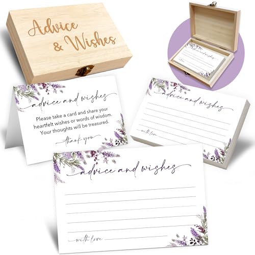 Advice and Wishes Cards Box – 50 Pcs Lavender Well Wishes & Wedding Advice Cards for Bride & Groom, Baby Shower, Birthday, Graduation, Wedding Reception, Retirement -A06 - color: Lavender, size: Set with Wooden Box