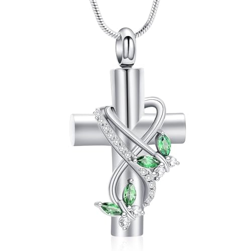 Cross Cremation Jewelry Butterfly Urn Necklace for Human Ashes for Women Men Memorial Ashes Keepsake Birthstone Pendant - color: Silver-Green