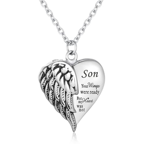 Heart Cremation Urn Necklace Human Ashes Jewelry for Women Men Engraved Your Wings were Ready but My Heart was Not Angel Wings Memorial Pendant Necklace Gift for Family Members - color: Son