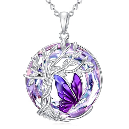 TOUPOP Butterfly Necklace for Women 925 Sterling Silver Tree of Life Butterflies Dragonfly Hummingbird Pendant Necklaces Crystal Jewelry Anniversary Christmas Birthday Gift for Her - color: Butterfly Purple