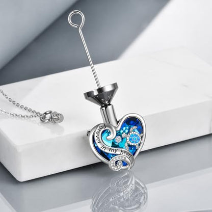 WINNICACA Silver Cremation Urn Necklaces for Ashes of Loved Ones - style: 1-Sea Turtle Crystal Necklace - Blue Opal Turtle