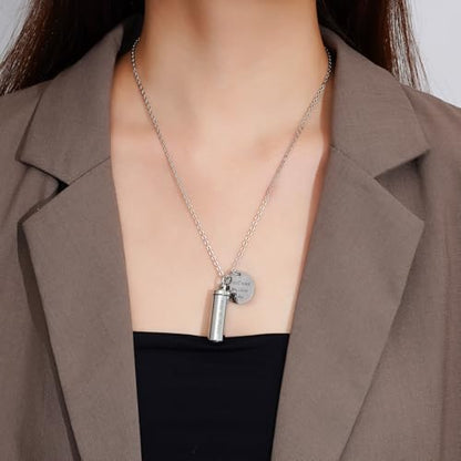 Cremation Cylinder Necklace for Ashes Stainless Steel Urn Locket Pendant Ashes Holder Memorial Jewelry - With Me Always - color: Silver