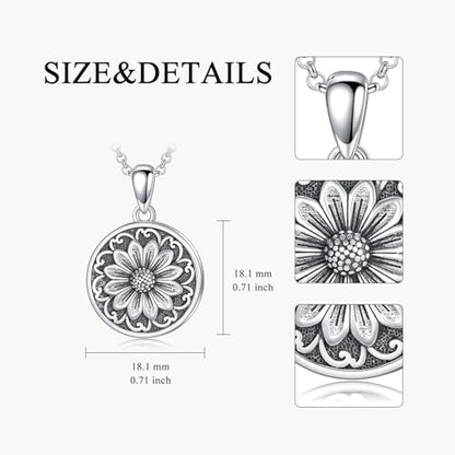 Round Locket Necklace 925 Sterling Silver Filigree/Flower Locket Necklace That Holds Pictures Birthday Christmas Jewelry Gifts for Women - color: 07-Sunflower Locket