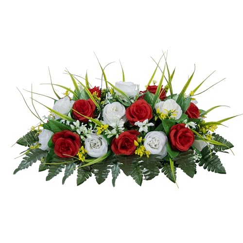 MOOMASS Cemetery Headstone Flower Saddle - Artificial Cemetery Flowers Rose, Grave Decoration，Non-Bleed Colors, and Easy Fit (Red+White, Saddle) - color: Red+white, size: saddle