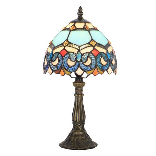 Tiffany Table Lamp Stained Glass Bedside Accent Light 8X8X14.5 inch | Sapphire Style Stained Glass Memory Sympathy Light Push Button Switch Vintage Resin Base Decor For Bedroom Living Room - color: Sapphire Style