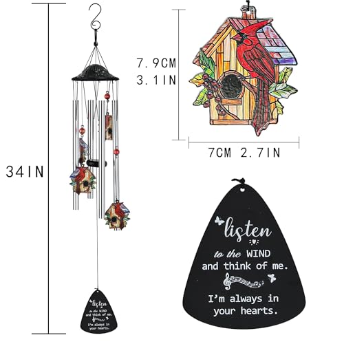 34'' Large Cardinal Red Bird Wind Chimes for Outside Garden Patio Decor | Memorial Wind Chimes Outdoor;Red Bird Windchime,Cardinal Gifts,Sympathy Gifts for Loss of Loved One,Aluminum Tube,with S hook