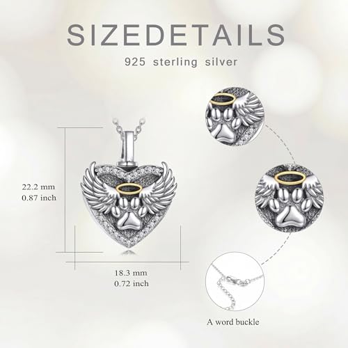 Family Members Urn Necklace for Ashes 925 Sterling Silver Angel Wings Heart Cremation Memorial Keepsake Pendant Jewelry for Loved One's Ashes, with 18" + 2" Stainless Steel Chain - style: Heart-Paw Print