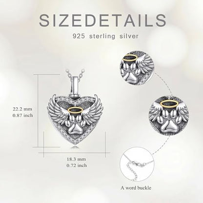 Family Members Urn Necklace for Ashes 925 Sterling Silver Angel Wings Heart Cremation Memorial Keepsake Pendant Jewelry for Loved One's Ashes, with 18" + 2" Stainless Steel Chain - style: Heart-Paw Print