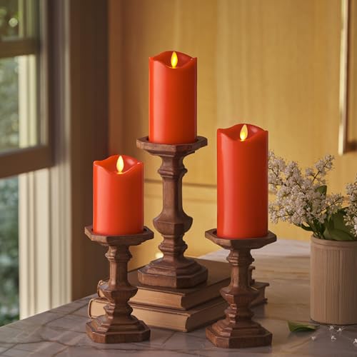 Matchless Candle Co. Set of 3 (3" x 4.5",5.5",6.5") Flameless LED Flickering Battery Candle Moving Flame Pillar, Melted Edge, Real Wax Smooth Finish (Bright Red) - color: Bright Red