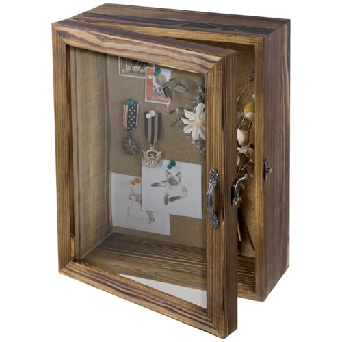 MyGift 11x14 Deep Shadow Box Frame with Cork Board Backing and Acrylic Paneled Cursive Hinged Door, Rustic Burnt Wood Wall Mounted Shadow Box Display Case Cabinet | Cursive Hinged Acrylic Door, Cork Backing, Deep Display Space, Burnt Wood Finish, Keepsake