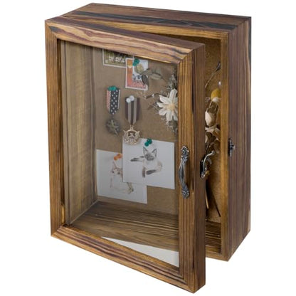 MyGift 11x14 Deep Shadow Box Frame with Cork Board Backing and Acrylic Paneled Cursive Hinged Door, Rustic Burnt Wood Wall Mounted Shadow Box Display Case Cabinet | Cursive Hinged Acrylic Door, Cork Backing, Deep Display Space, Burnt Wood Finish, Keepsake