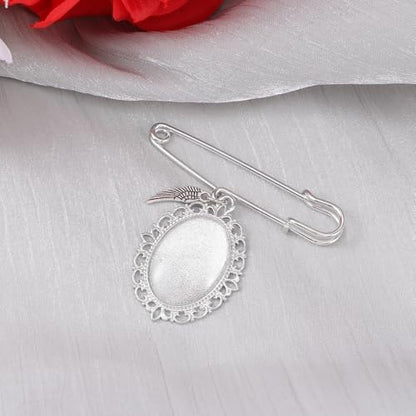 Wedding Bouquet Photo Charm, Lacy Oval Glass Picture Frame Memory Pin - color: Silver