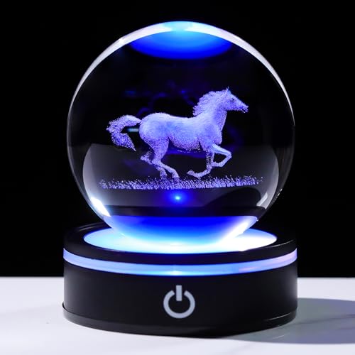YWHL 3D Crystal Horse Figurine with LED Base, Horse Gifts for Men Women on Christmas Birthday, Glass Sphere Animal Decorative Ball for Home Decor (80mm) - color: Horse
