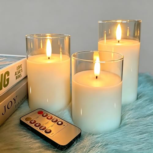 VIEWELLD Clear Glass Flameless Candles with Remote Timer, Battery Operated Candles, Flickering LED Pillar Candles Set of 3 - color: Clear