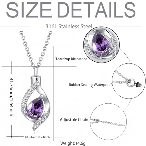 Teardop Cremation Jewelry Urn Necklace for Human Pet Ashes CZ Heart Stainless Steel Urn Pendant Memorial Jewelry Sympathy Gift - color: purple