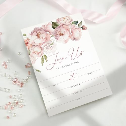 Whaline 25 Packs Floral Invitations with Envelopes and Stickers Pink Flower Invitation Cards Watercolor Rose Blank Party Invites for Wedding Birthday Bridal Shower, 5 x 7 Inch - style: Florals