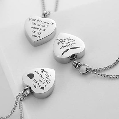 3 Pack Urn Necklace for Ashes Memorial Cremation Jewelry Ashes, Heart Silver Locket Stainless Steel Urns Pendant Keepsake with Different Words & Funnel Kit Bag