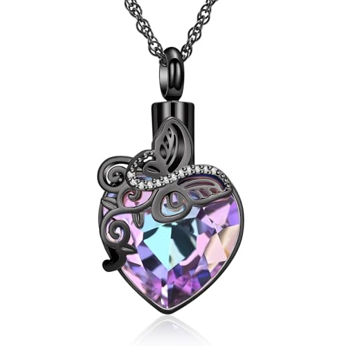shajwo Butterfly Heart Urn Necklaces Cremation Jewelry for Ashes for Women Men Memorial Human Ashes Pendant - color: 1-Black-Purple