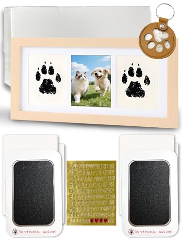 Inkless Paw Print Frame,Dog and Cat Paw Print Kit,No Mess Ink Pads for Pets,Wooden Pet Memorial Frame,Leather Pet Fur Keychain,DIY Ornament Pet Gifts (Natural Wood, M)