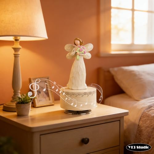 Angel with Flowers Resin Music Box, Hand-Wind Rotating Angel Figurines Musical Gift for Women, Mothers, Daughters - Perfect for Christmas, Birthday, Mother's Day & Anniversaries - color: Angel Bouquet