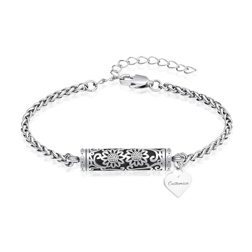 constantlife Cremation Bracelet for Ashes for Women Stainless Steel Sunflower Cylinder Urn Adjustable Link Bangle Memorial Jewelry Loved Ones Ashes Holder Keepsake - color: Customize
