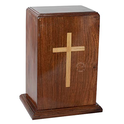 Pine Cross Design Rosewood Wooden Cremation Urn for Human Ashes | Handcrafted Funeral Memorial Ash Storage Urn | Burial Columbarium, 250 Cu in - color: Pine Cross