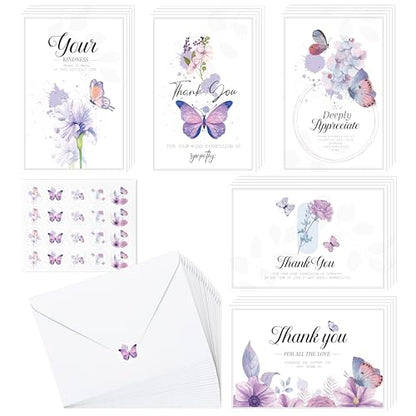 WATINC 20 Sets Funeral Thank You Cards with Envelopes and Stickers, Purple Butterfly Bereavement Card Express Your Condolences, Memorial Sympathy Cards with Message Inside for Beloved Friends Family