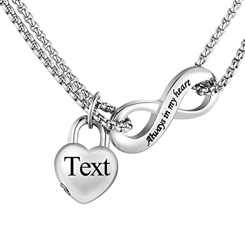 XIUDA Infinity Urn Necklace for Human Ashes Always in My Heart Cremation Necklace Stainless Steel Memorial Ash Jewelry for Women - color: Silver, engraved
