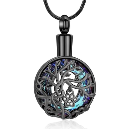 zeqingjw Pet Cremation Jewelry Tree of Life Urn Necklace for Ashes for Dog/Cat Funeral Ashes Keepsake Paw Print Urn Pendant Memorial Jewellery - color: Black-Blue