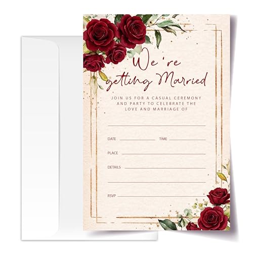 Floral Wedding Invitation Cards with Envelopes, 20 Sets Red Rose Wedding Invites, Eucalyptus Greenery Bridal Shower Engagement Announcement 4x6 Inch We're Getting Married Invitations (212) - color: Red Rose