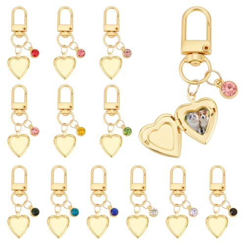PH PandaHall 12-Pack Heart Locket Charms Memorial Charms Photo Locket Keychain for Custom Keychain Personalized Photo Holder - color: Golden