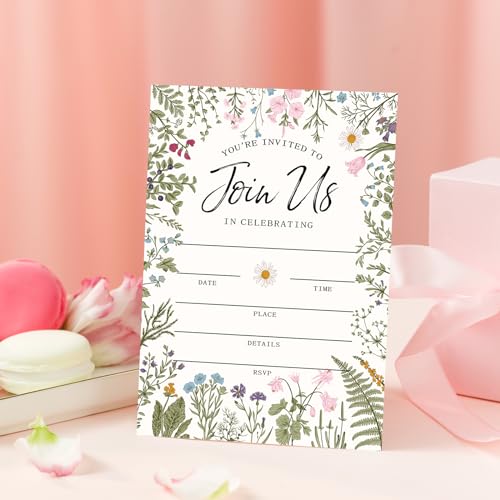 Whaline 25 Packs Vintage Floral Invitations with Envelopes and Stickers Retro Wildflower Invitation Cards Spring Fill in Blank Invites for Wedding Birthday Bridal Baby Shower Party, 5 x 7 Inch