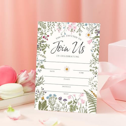 Whaline 25 Packs Vintage Floral Invitations with Envelopes and Stickers Retro Wildflower Invitation Cards Spring Fill in Blank Invites for Wedding Birthday Bridal Baby Shower Party, 5 x 7 Inch