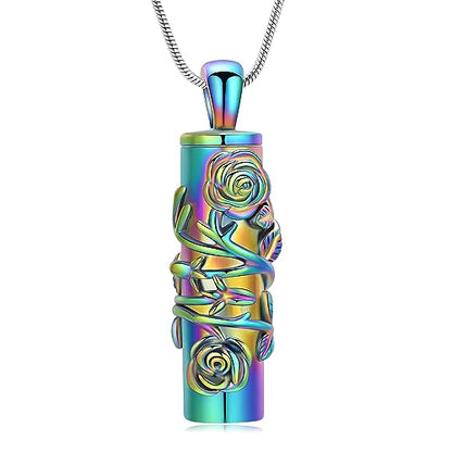 Cylinder Urn Necklace for Ashes Roseflower Cremation Jewelry Urn Ashes Necklace for Women Men Memorial Keepsake Necklace of Loved One - color: Rainbow