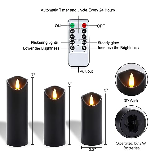 Homemory Black Flameless Candles, Halloween Candles, Battery Operated Candles, LED Pillar Candles with Remote Control and Timers, Set of 9 | Plastic shell, battery operated flickering c, les, dual remotes, indoor Halloween party, mantel, staircase , table