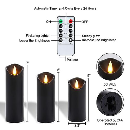 Homemory Black Flameless Candles, Halloween Candles, Battery Operated Candles, LED Pillar Candles with Remote Control and Timers, Set of 9 | Plastic shell, battery operated flickering c, les, dual remotes, indoor Halloween party, mantel, staircase , table