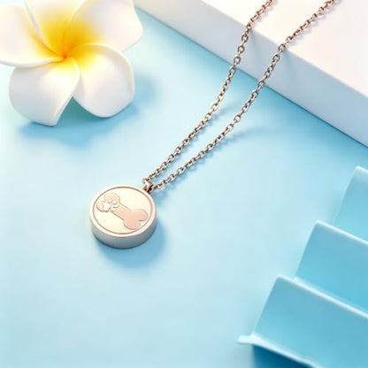 Round Pet Urn Pendant Necklace, Dog Paw Print and Bone Engraved Cremation Jewelry for Ashes, Stainless Steel Dog Keepsake Jewelry Urn Necklaces for Ashes for Women Men - color: Rose Gold