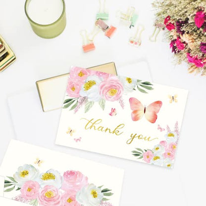 Gooji 4x6 Butterfly Pink Floral Thank You Cards with Envelopes (Bulk 20-Pack) Matching Peel-and-Seal Envelopes, Watercolor, Birthday Party, Baby Shower, Weddings, Greeting - color: Pink, White, Green