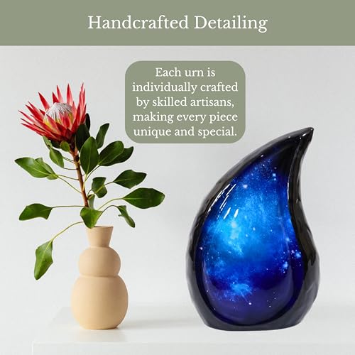 NORSE'S TRADECRAFT Teardrop Urn for Ashes Adult Male & Female, Metal Cremation Urn with Blue Galaxy Design, Memorial Gifts with Velvet Bag, Handcrafted Memorial Box for Funeral - 60 cu in