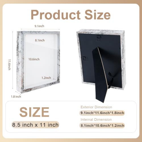 2 Pack Shadow Box Frame 8.5"x 11" Wood Deep Shadow Boxes Display Cases, Dried Flowers, Photos, Handicrafts Picture Frames for Wall Hanging Tabletop (Distressed White, 8.5"x 11") - color: Distressed White, size: 8.5"x 11"