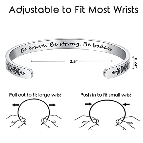 TONY & SANDY Inspirational Bracelets for Women Teen Girls Personalized Gifts for Daughter Granddaughter Mom Sister Friends Stainless Steel Engraved Cuff Birthday Easter Christmas - style: A - Be brave be strong be badass- Leaf