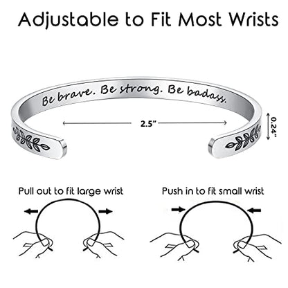 TONY & SANDY Inspirational Bracelets for Women Teen Girls Personalized Gifts for Daughter Granddaughter Mom Sister Friends Stainless Steel Engraved Cuff Birthday Easter Christmas - style: A - Be brave be strong be badass- Leaf
