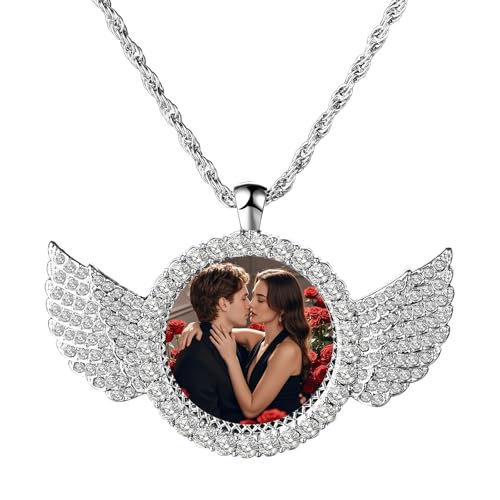 OIDEA Personalized Photo Picture Necklace: Shiny Rhinestones Angel Wings Locket Pendant Chain Necklaces Memorial Jewelry Gifts - color: 1. silver custom