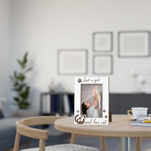 Just A Girl And Her Cat Picture Frame, Cat Memorial Photo Frame for Pet Lovers Friends, Cats Lover Gifts 4x6 Wooden Picture Frames, Home Bedroom Office Shelf Table Decor -028 - style: Just A Girl And Her Cat