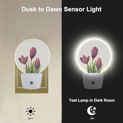 Tulip Night Light Purple Flower Tulips Floral LED Dusk to Dawn Plug-in Nightlight Auto Sensor for Bedroom Bathroom Hallway Living Room - color: Tulips