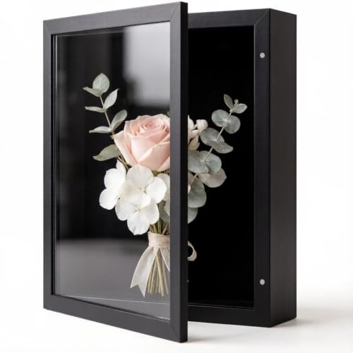 8.5x11 Magnetic Front-Open Shadow Box Frame with Real Glass, Memory Display Case for Dried Flowers, Keepsakes, Photos, Certificates, Wall or Tabletop Decor, Black